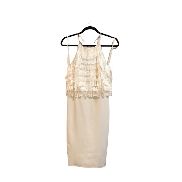 Halston Mini Fringe Halter Neck Party Dress in Ivory - Size 4 - Picture 2 of 7